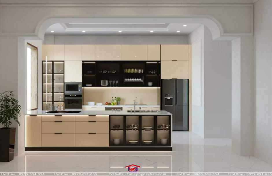 Tủ bếp inox 304 cánh kính sơn tĩnh điện CK04