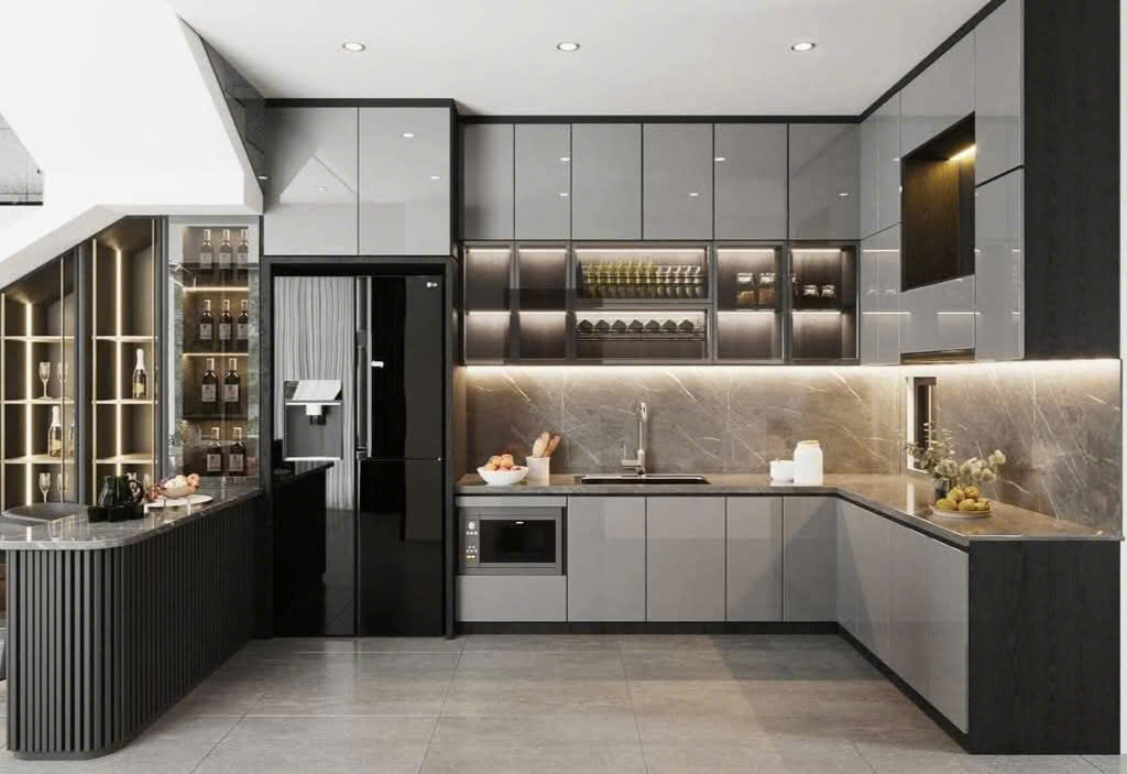 Tủ bếp nhựa Acrylic chữ L kết hợp cánh kính