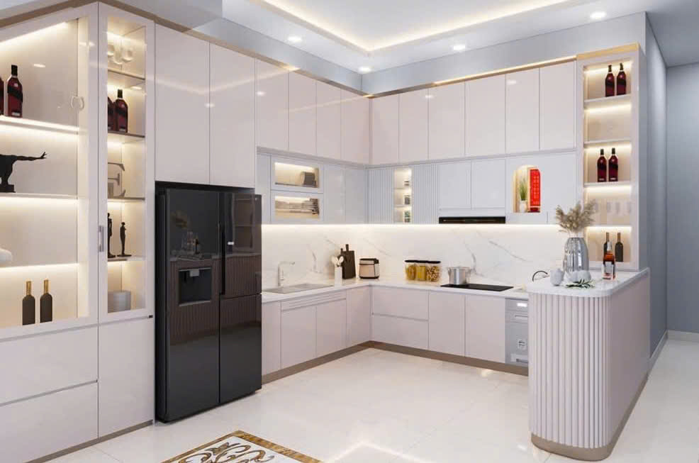 Tủ bếp nhựa Acrylic liền bàn đảo