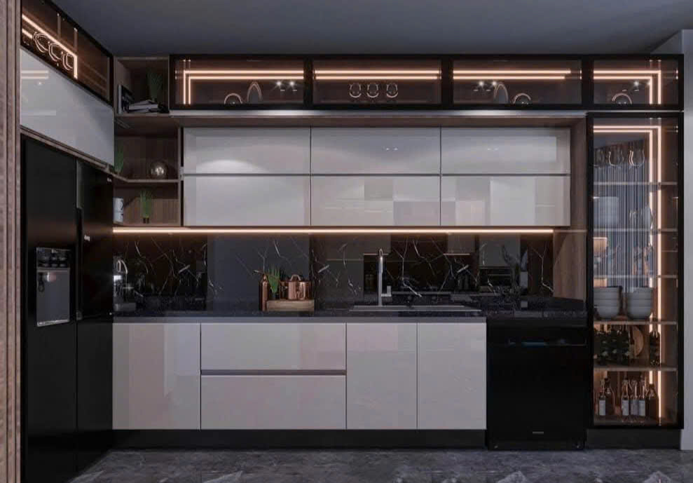 Tủ bếp nhựa Acrylic kết hợp cánh kính